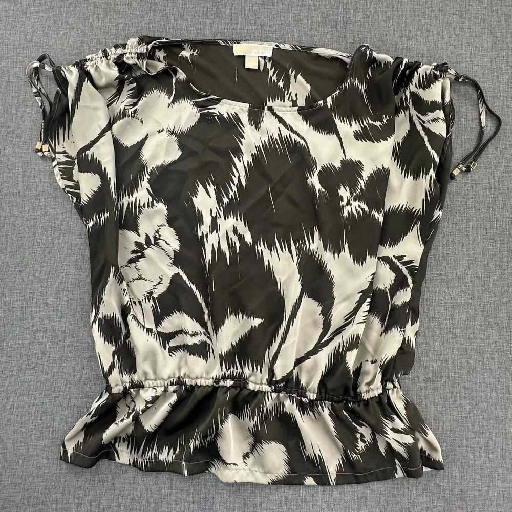 Michael Kors Satin Blouse Flower Print‎ Tan & Brown XL Boat Neck